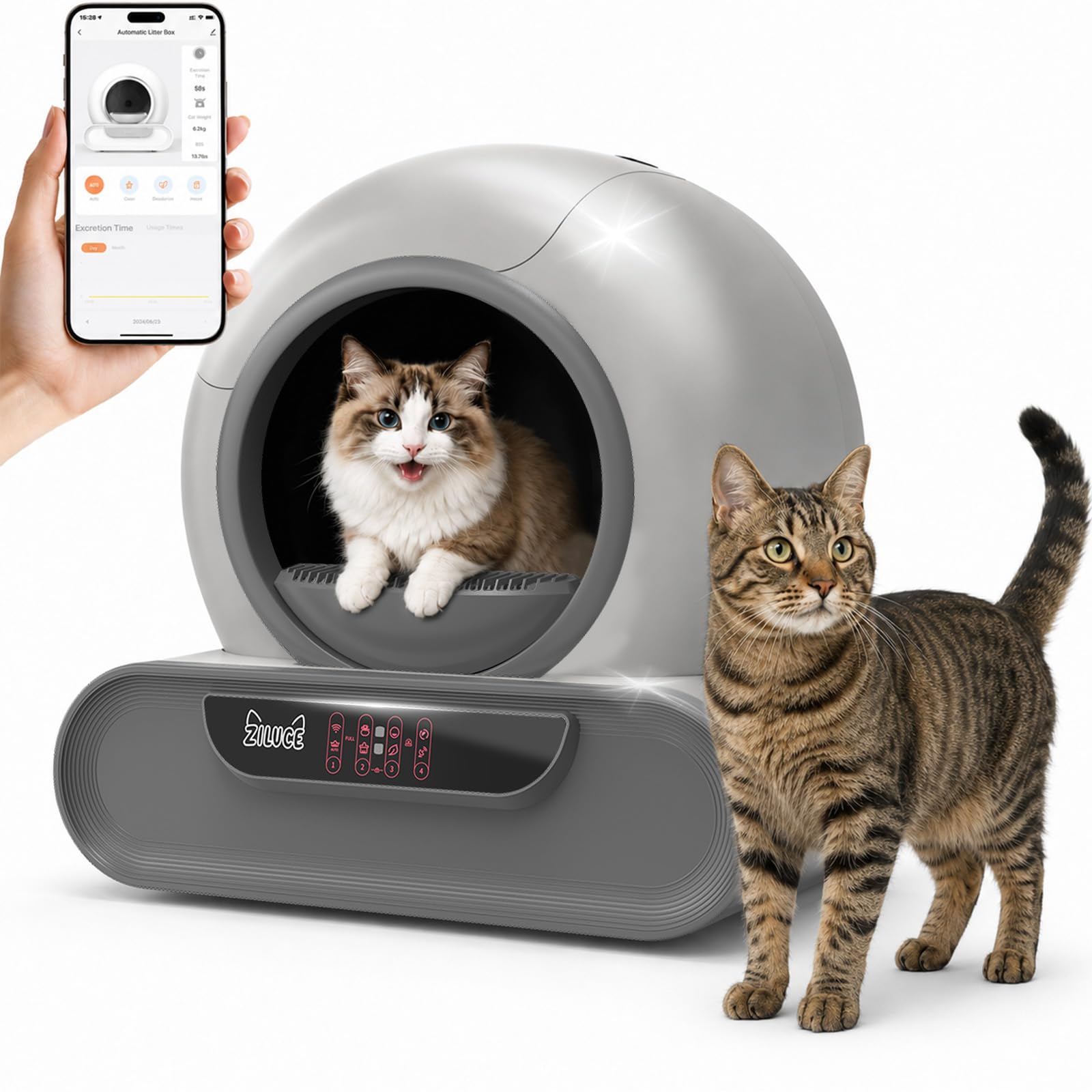 Caja de arena autolimpiante gris para gatos con control por app móvil