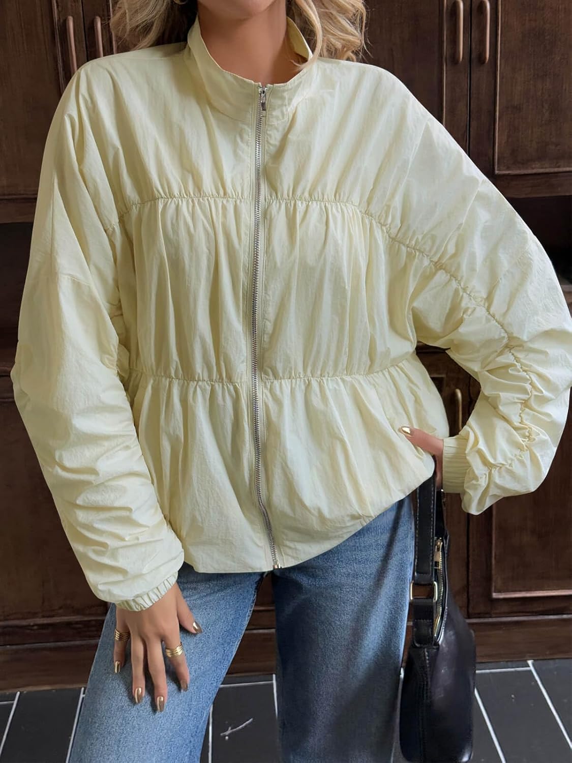 Yousify Womens Lightweight Bomber Jacket Oversized Batwing Sleeve Zip Up Stand Collar Ruched Coat Jackets with Pockets - Image 5