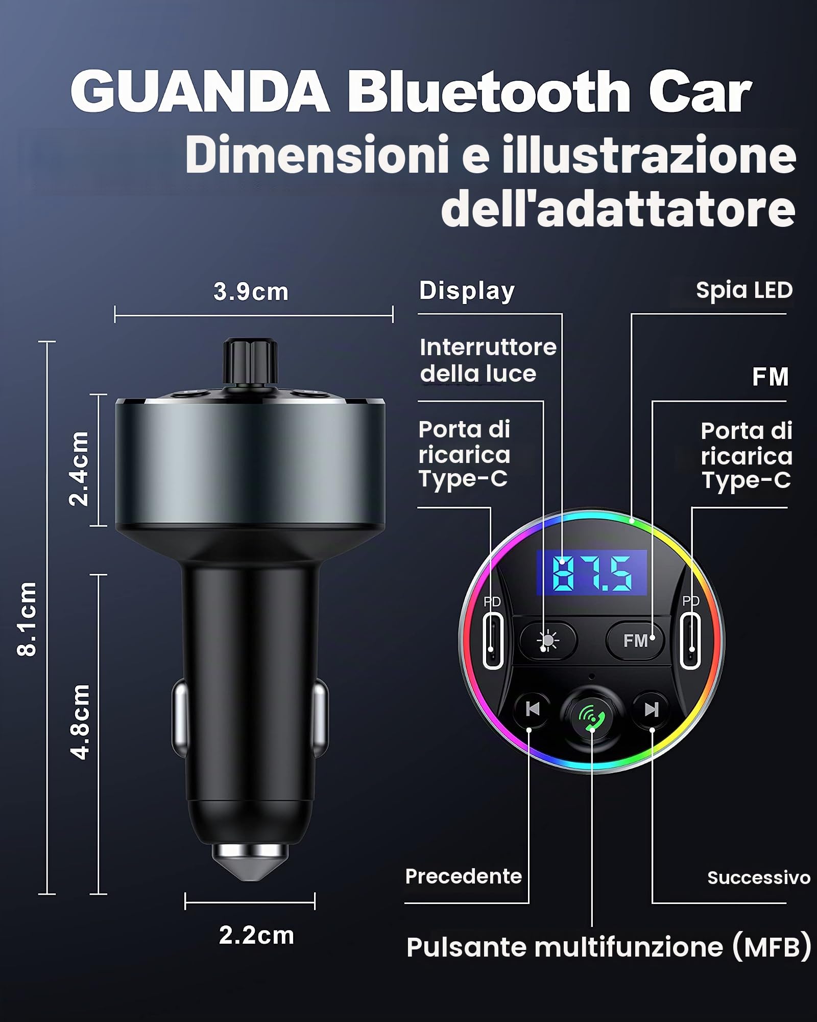 Trasmettitore Bluetooth per Auto con PD 20W Caricatore per Accendisigari e Adattatore Trasmettitore FM Bluetooth Auto Vivavoce