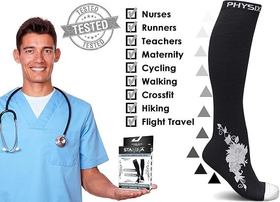 Physix Gear Sport 3 Pairs of Compression Socks for Men & Women in (Black/Pink + Black/Grey + Black/Blue) L-XL Size