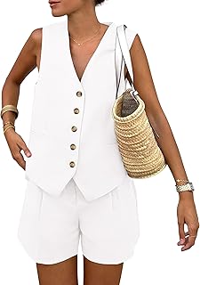 Women's Summer 2 Piece Outfits Sleeveless Matching Sets Button Down V Neck Vest Waistcoat and Pockets Shorts