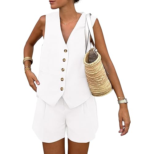 PRETTYGARDEN Womens 2 Piece Suits Set Button Down V Neck Vest Sleeveless Tops And Pockets Shorts Trendy Summer Outfits