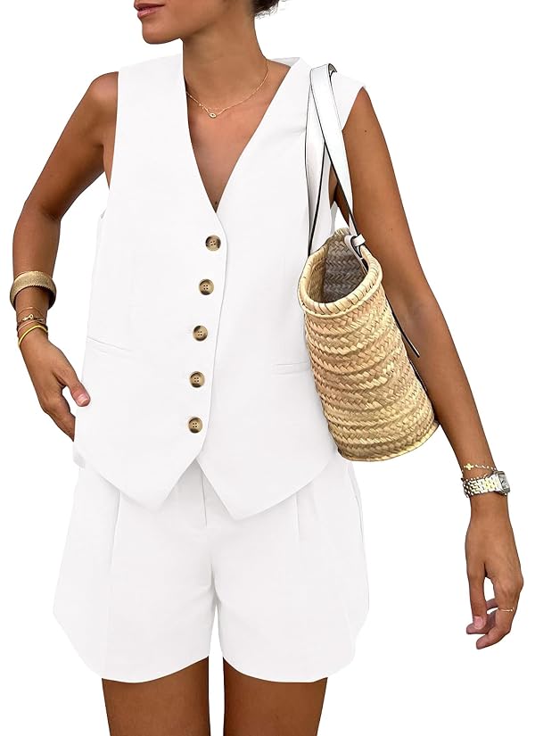 PRETTYGARDEN Women's Summer 2 Piece Outfits Sleeveless Matching Sets Button Down V Neck Vest Waistcoat and Pockets Shorts (White,Large) by PRETTYGARDEN - Used condition - US$40.10