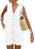 Women's Summer 2 Piece Outfits Sleeveless Matching Sets Button Down V Neck Vest Waistcoat and Pockets Shorts