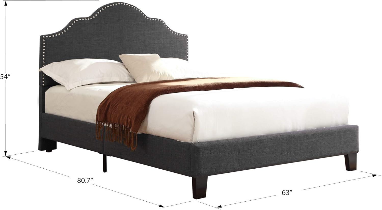 Wallace & Bay Kirby Upholstered Bed with Nailhead, Queen, Dark Gray