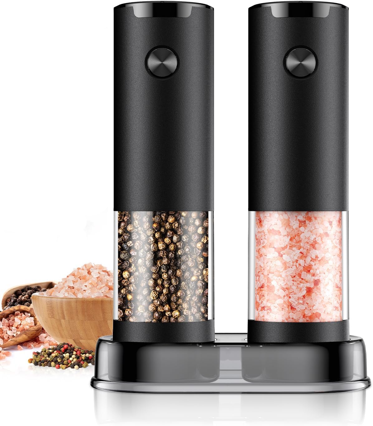 2 Pack Electric Salt and Pepper Grinder Set Automatic Battery Pepper Mill Shakers Adjustable Coarseness Easy Filling Upgraded Larger Capacity with Led (Black）