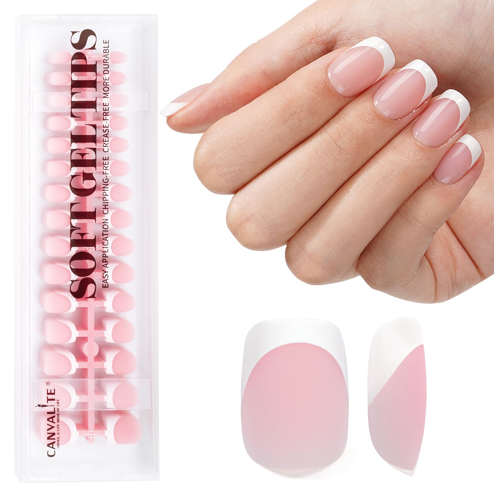 Canvalite Soft Gel French Tip Nails, 180 Pcs Extra Short Press on Nails for Women Flexible Pre-Painted White French Tip Gel Nails Nail Tips No File