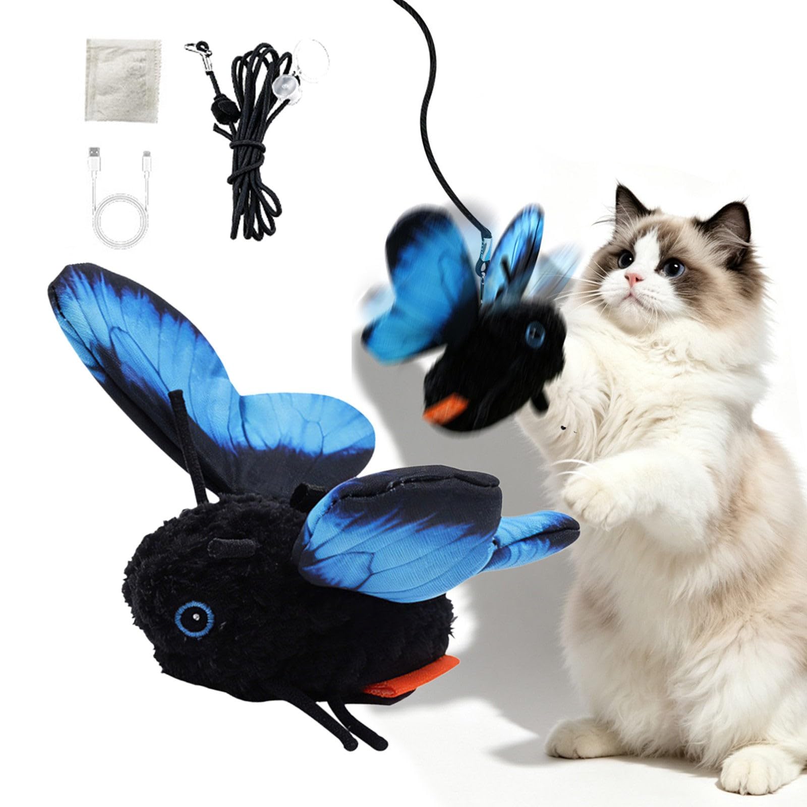 Bgdhinkt Rechargeable Butterfly Cat Toys, Interactive Fluttering Cat Toy Suction Cup Hanging Indoor Exercise Kitten Play Toy for Boredom Relief (Blue)