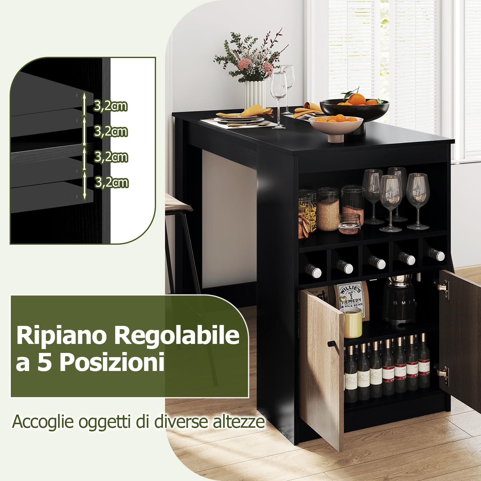 COSTWAY Tavolo da Pranzo Salvaspazio con Scomparti e Ripiano Regolabile