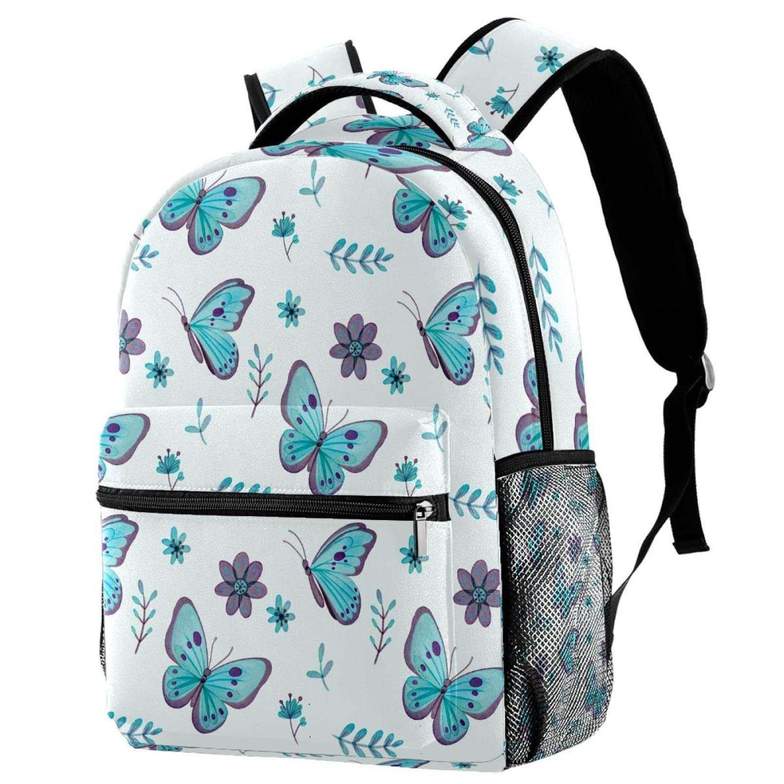 Sac à dos de voyage et campus bleu avec motifs papillons fleurs et filet porte-bouteille intégré