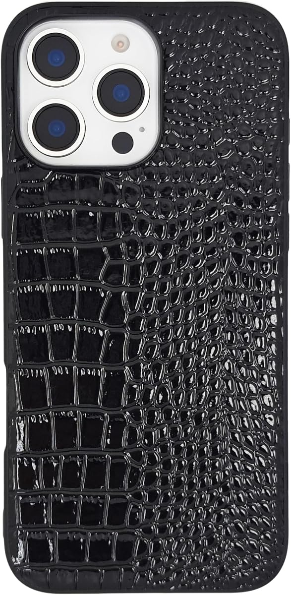 Compatible with iPhone 16 Pro Max Case for Women, Crocodile Synthetic Patent Leather Cover, Classic Fashion for iPhone16 Pro Max 2024 6.9 Inch - Black