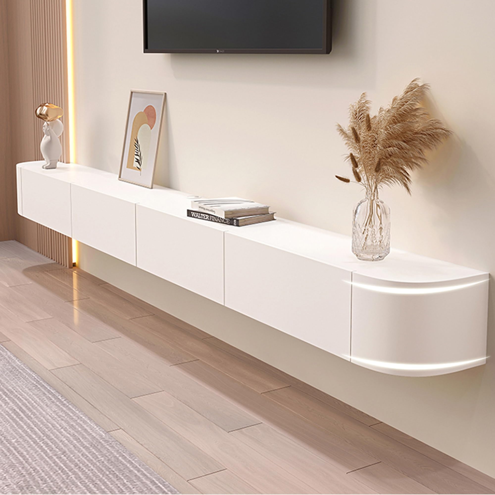 Soporte De Pared Flotante para TV con Estante De Almacenamiento para Televisores Grandes, Centro De Entretenimiento Moderno, Blanco, 280 Cm