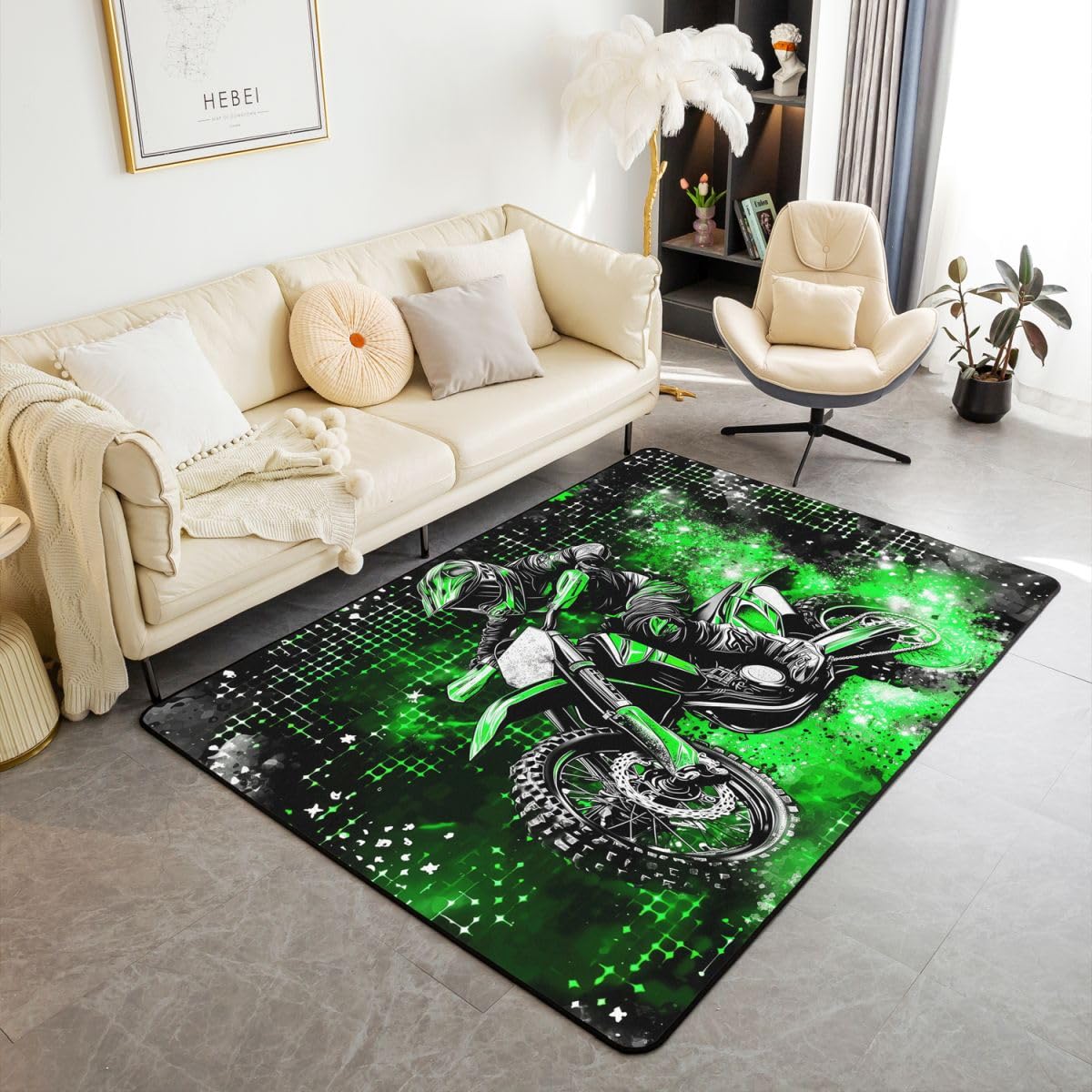 Coole Motorrad Wohnzimmer Teppich 100x150cm Extreme Sportthemen Schlafzimmerbereich Teppich für Kinder Teens Moderner schwarzer Motocross-Druck Indoor Matte Heimdekor