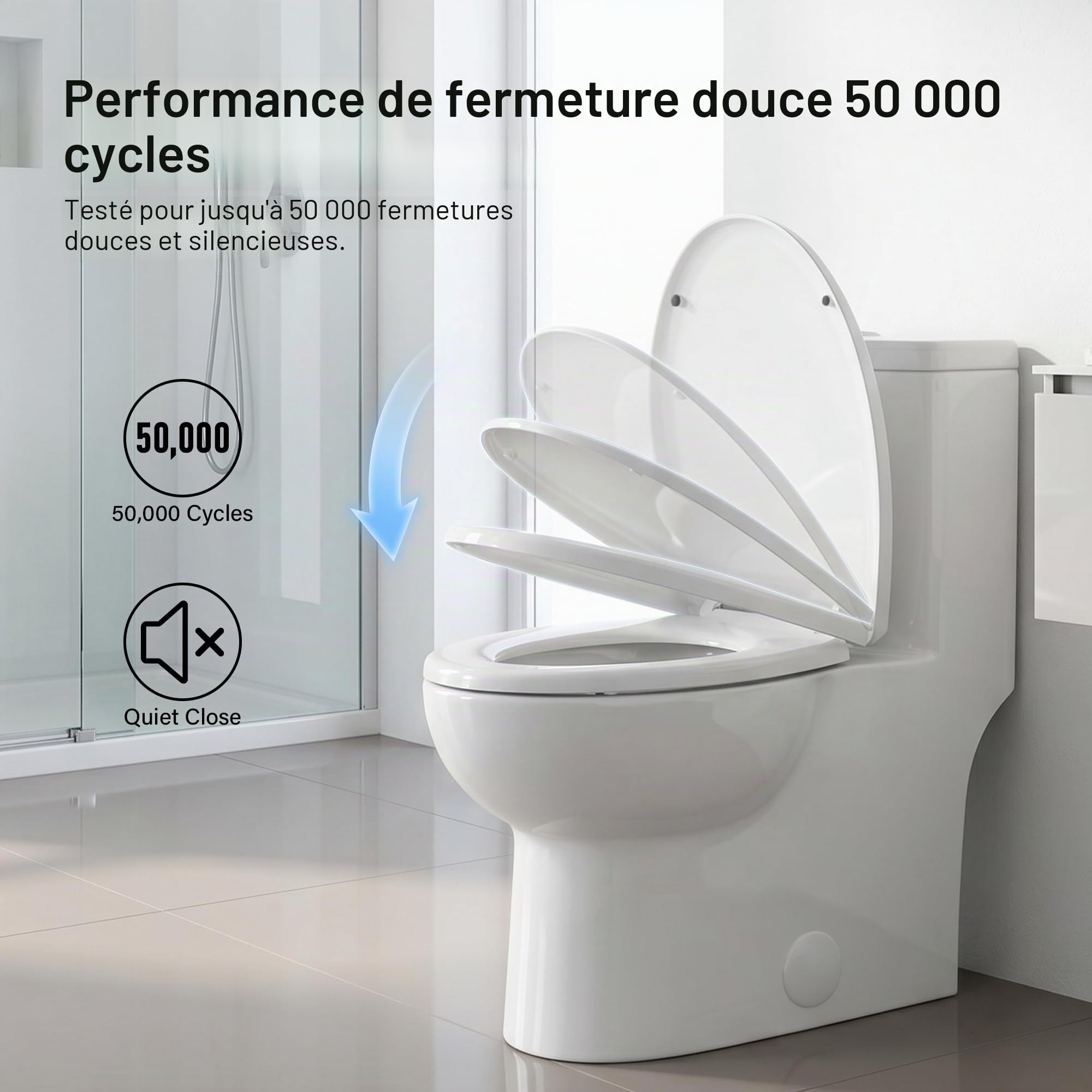 Abattant WC à fermeture amortie avec libération rapide pour un nettoyage facile, siège de toilette standard ovale, fixation par le haut, siège de toilette universel, anti-claquement, blanc