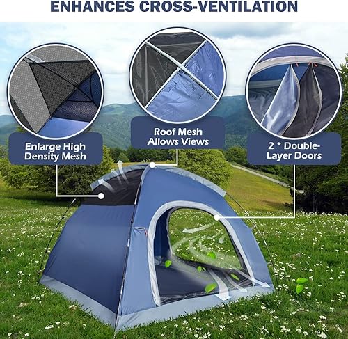 Miniatura 3 de Tienda de campaña para 3 personas para acampar, tienda de campaña pequeña con 2 puertas mejoradas y techo de media malla, tienda de campaña