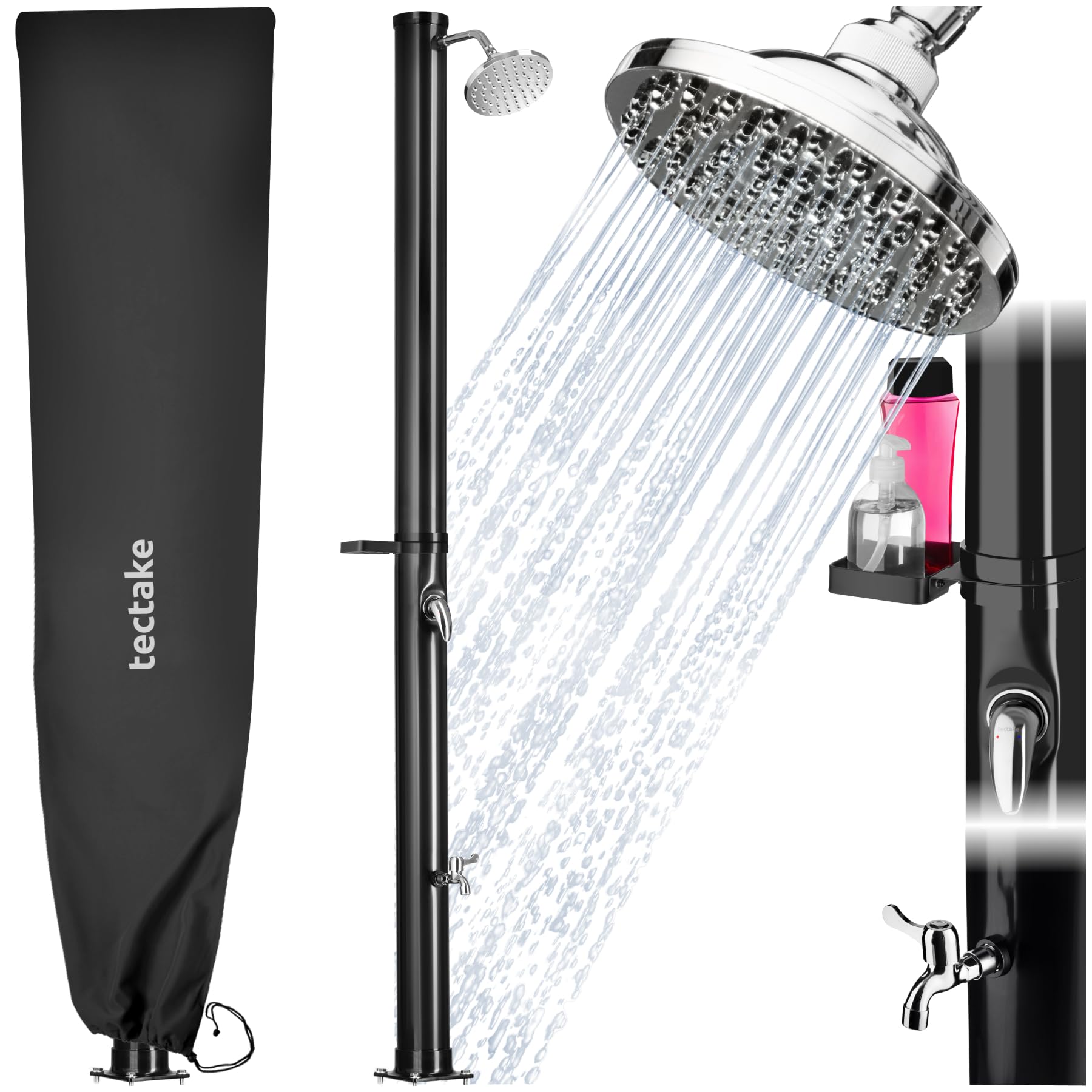 TecTake® Solardusche 20 l, bis 60° C warmes Wasser, drehbarer Regenduschkopf, Gartenschlauch-Anschluss, Wasserhahn, Garten Solardusche, Schutzhülle, Warmwasser, Campingdusche, Außendusche - schwarz