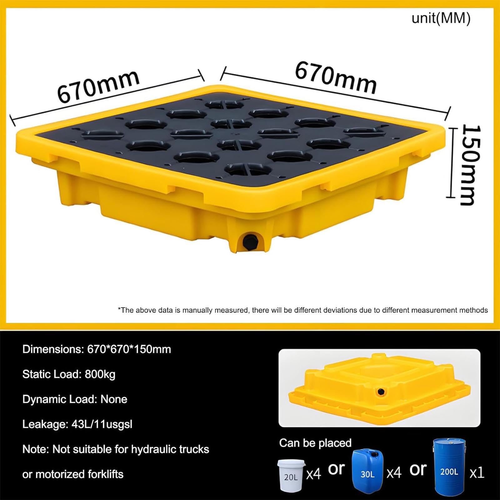 Bandeja de contención de derrames, Modular, cubeta de contención Resistente a Productos químicos para bidones de Aceite, Rejilla extraíble, fácil de Limpiar, Control eficaz de derrames, para