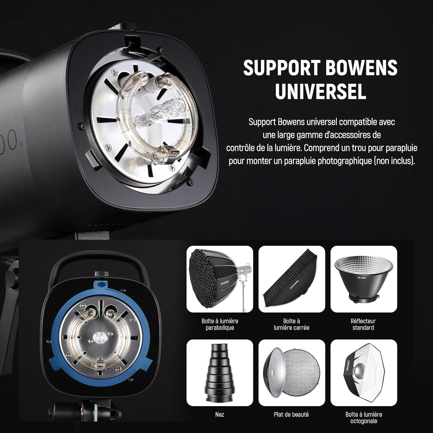 NEEWER Kit Flash monolight Studio 600W : 2 x lumières stroboscopiques S101-300W 5600K avec lumières de modélisation 150W/monture Bowens/boîte à lumière/Supports, réflecteur/déclencheur RT-16/sac