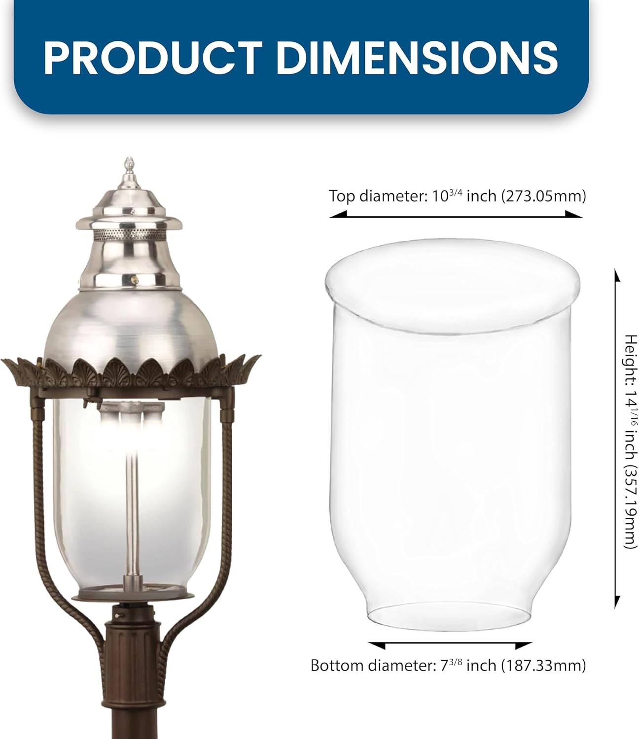 Glass Globe for Victorian Model Gaslights (GL48/4800 series) and Apollo (4200 series) - Bottom Diameter: 7.3/8" (187.33mm); Height: 14 1/16" (357.19mm); Top Diameter: 10 3/4" (273.05mm)