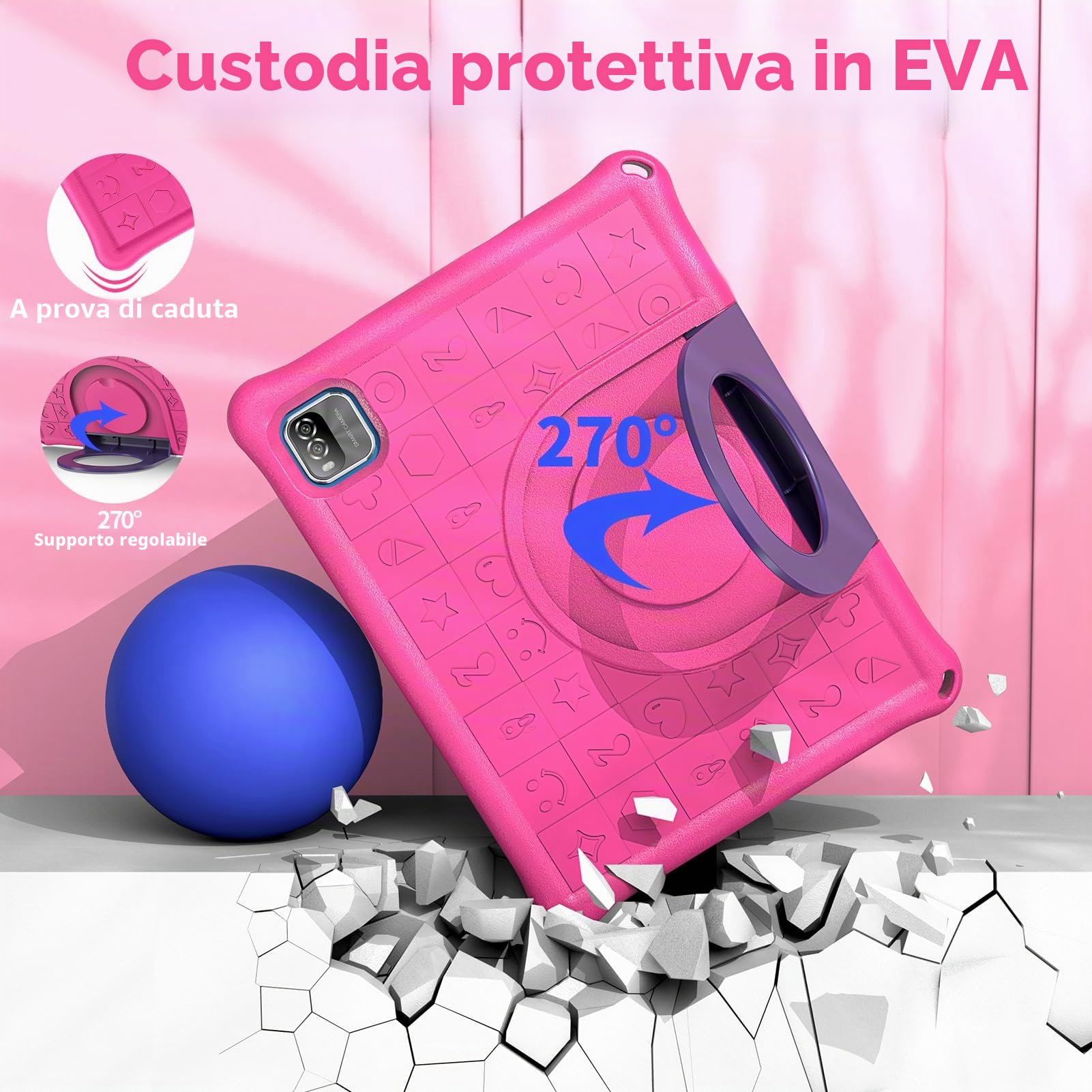 PRITOM Tablet Android 12 per bambini, schermo IPS HD da 10 pollici, 3GB+64GB, software per bambini preinstallato IWAWa, controllo app educative di gioco, WiFi, con custodia a prova di bambino, rosa