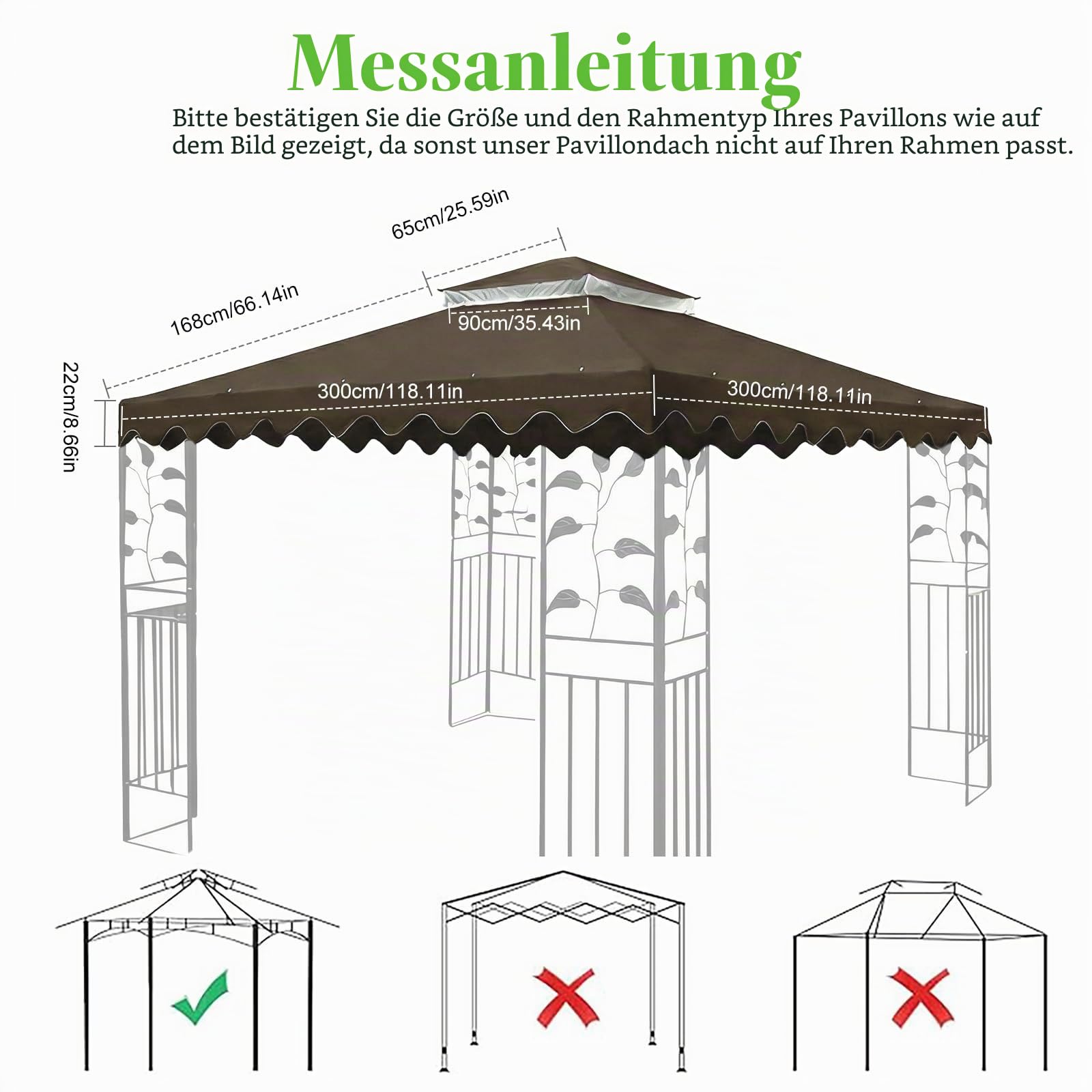 OKYUK Ersatzdach für Pavillon, mit atmungsaktivem Netz, UV-beständig, stabiler wasserdichter Doppeldach-Konstruktion, einschließlich Entwässerungslöchern, ideal für 3 x 3 m Gartenpavillons