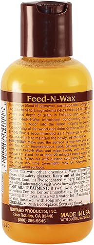 Miniatura 3 de Howard Products Cera de abejas para abrillantar y acondicionar madera, Feed-N-Wax para muebles de madera, 133 ml, Naranja