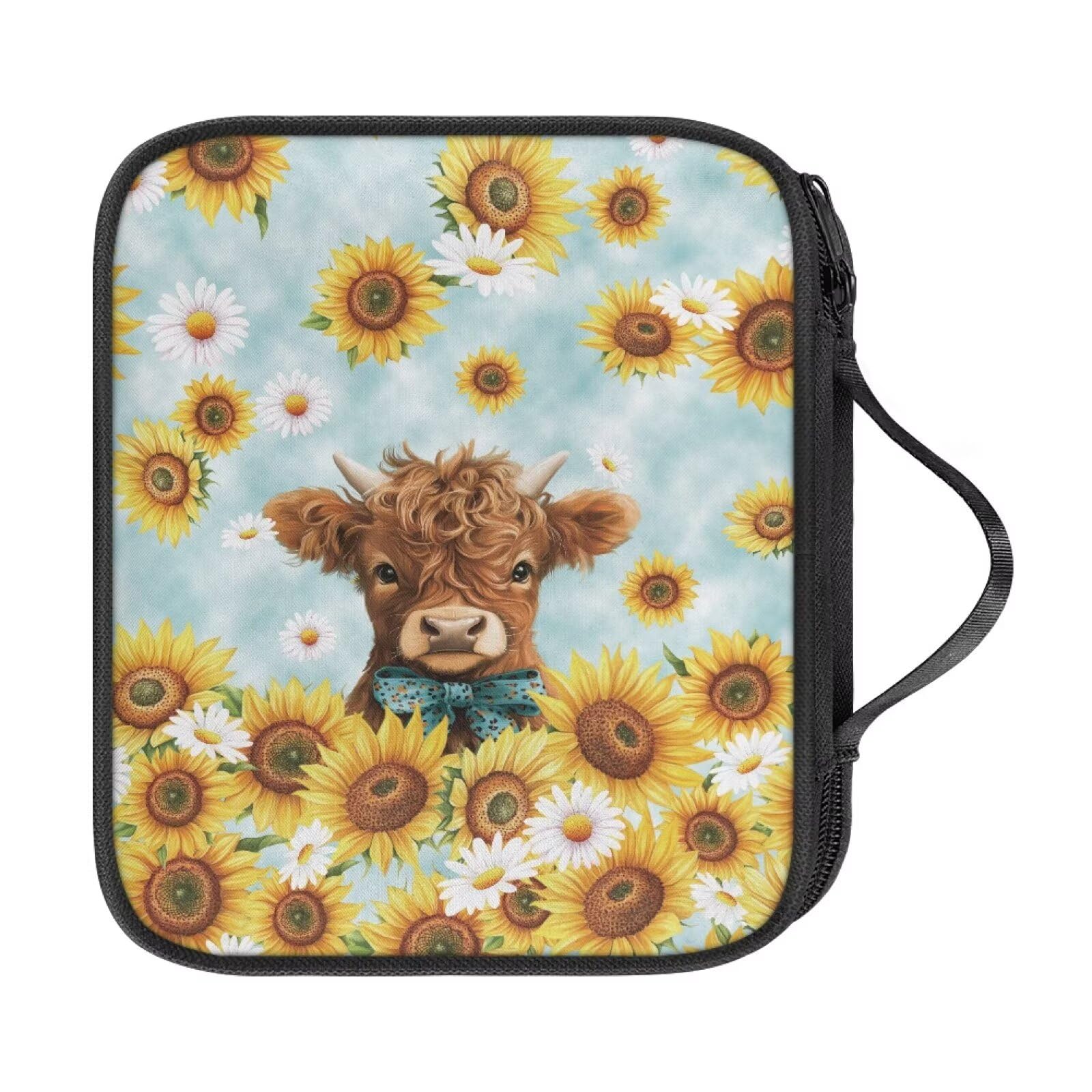 Vanideaoty Highland Cow Crochet Hook Case Sunflower Crochet Hook Organizer Easy to Carry for Needles and Accessories