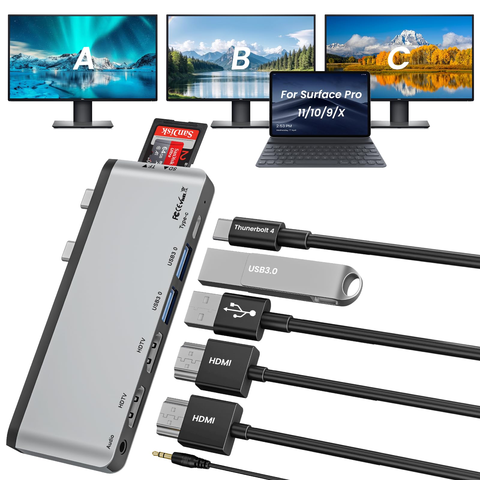 Surface Pro 11/10/9/X USB C Hub mit Zwei 4K@60Hz-HDMI-Anschl