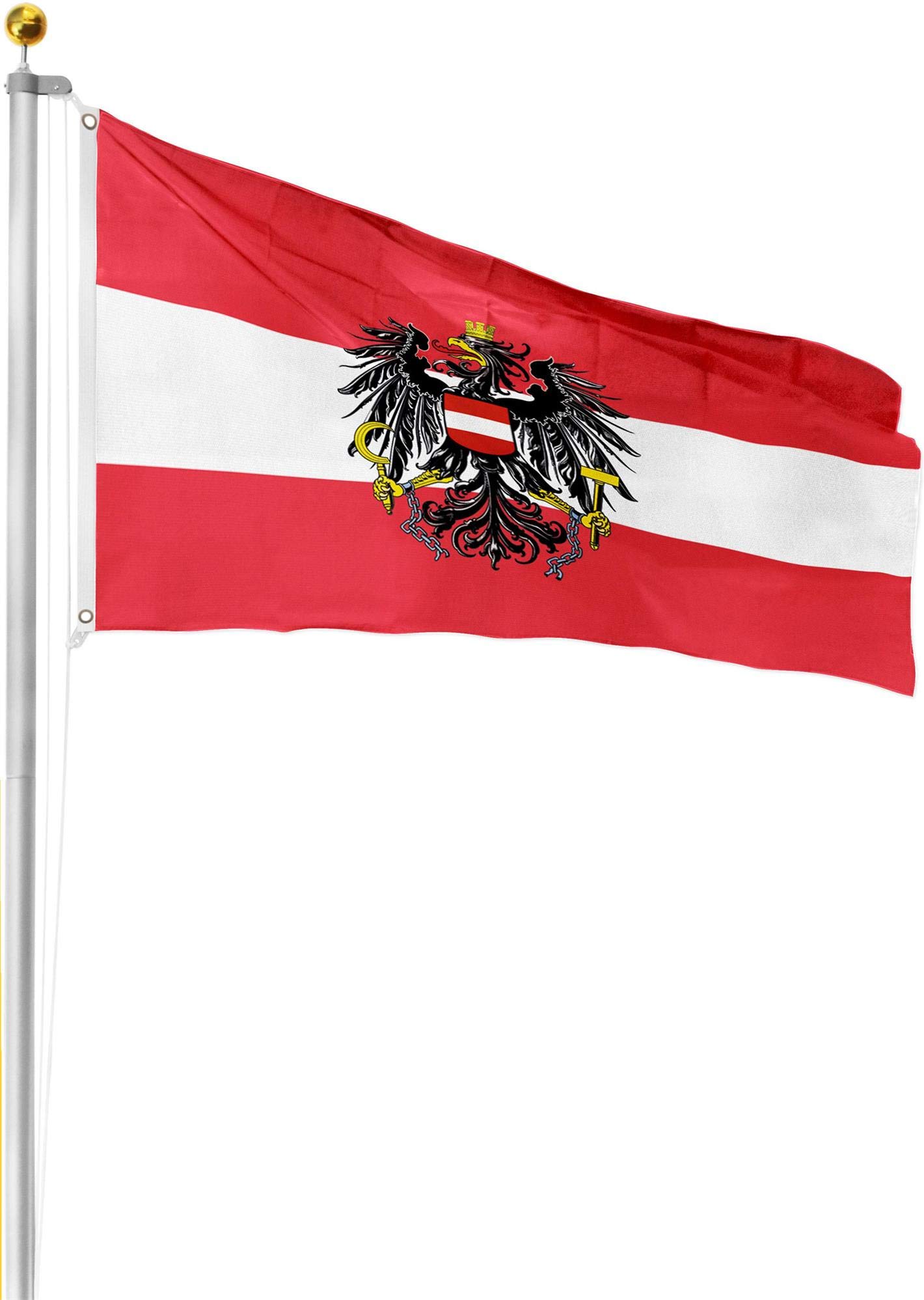 Aluminium Fahnenmast 6,20 6,80 oder 7,50 meter Höhe inkl. Deutschlandfahne mit Adler oder Österreich 90x150 Farbe Österreich Größe 6.8 Meter