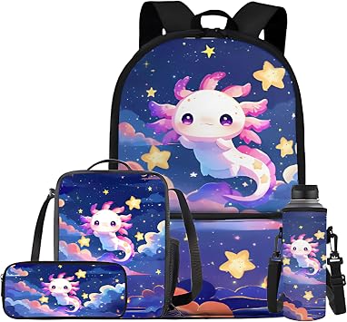 حقيبة ظهر Galaxy Axolotl للبنات حقيبة ظهر مدرسية للأطفال مع صندوق غداء وغطاء زجاجة مياه وحقيبة أقلام وحقائب كتب لطيفة للبنات المراهقات حقيبة مدرسية مع جيب أمامي لطلاب المرحلة الابتدائية مقاس 17 بوصة