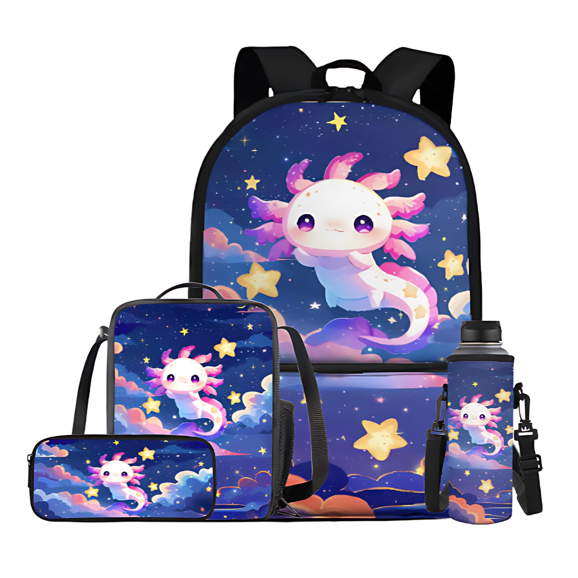 XXQGOMG Galaxy Axolotl Backpack for Girls Kids School Backpack with Lunch Box Water Bottle Sleeve and Pencil Case Cute Bookbags for Teen Girls School