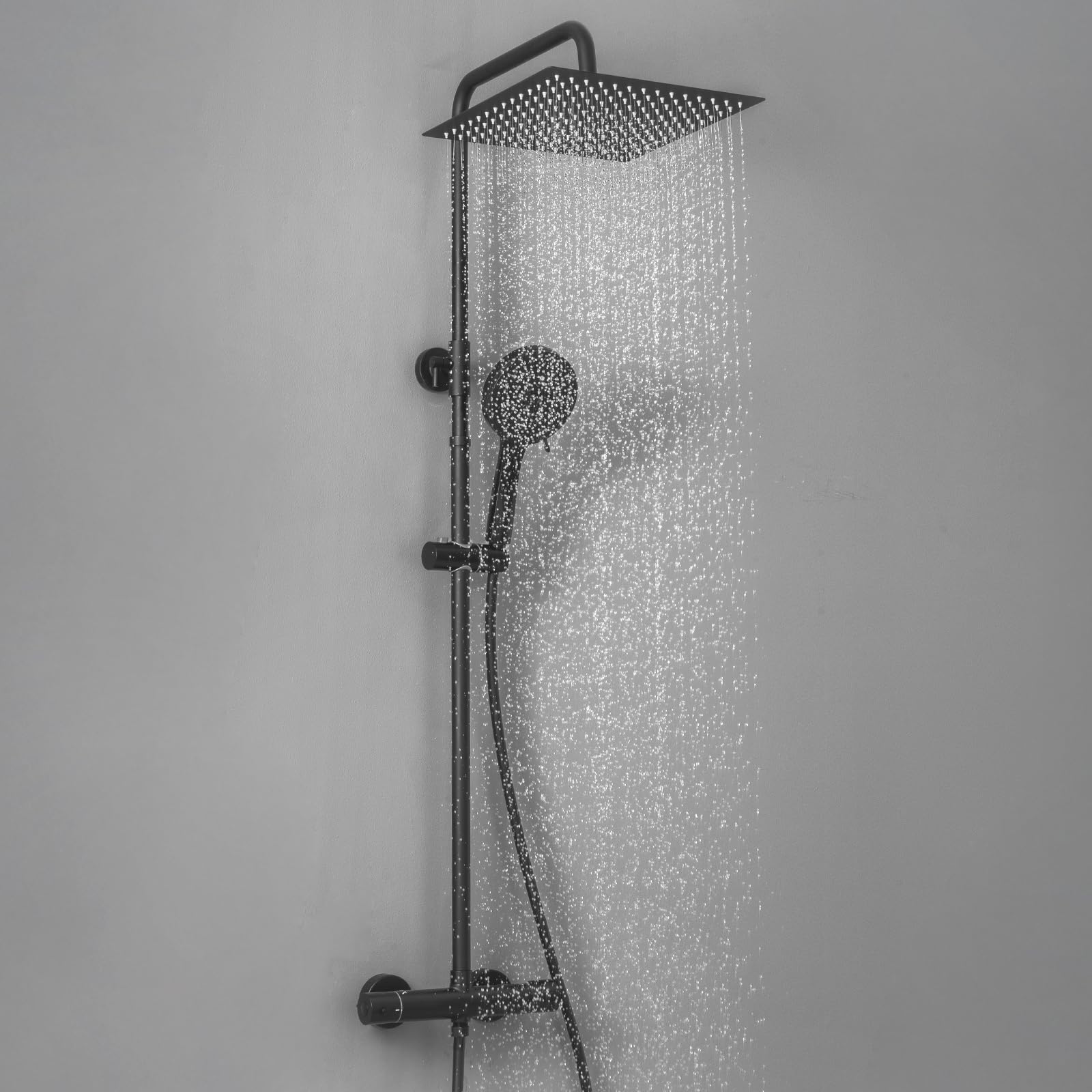 DERW Black Thermostatic Shower Mixer Set, 12" Rain Shower Head and 5-Mode Handheld Shower, 124cm Shower Riser, Thermostatic Shower Mixer Bar (Solid Brass) for UK Hard Water, Easy Installation