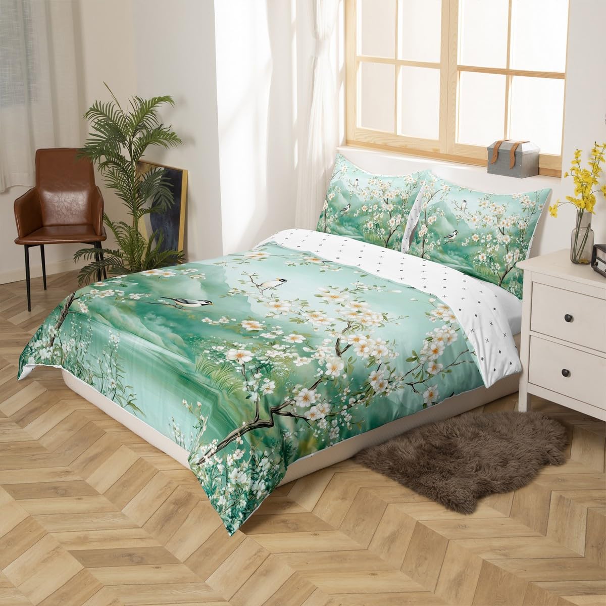 Homewish Juego de funda de edredón con diseño de flores de cerezo blanco, para niñas, con paisaje y vistas al lago, diseño de pájaros, tamaño doble