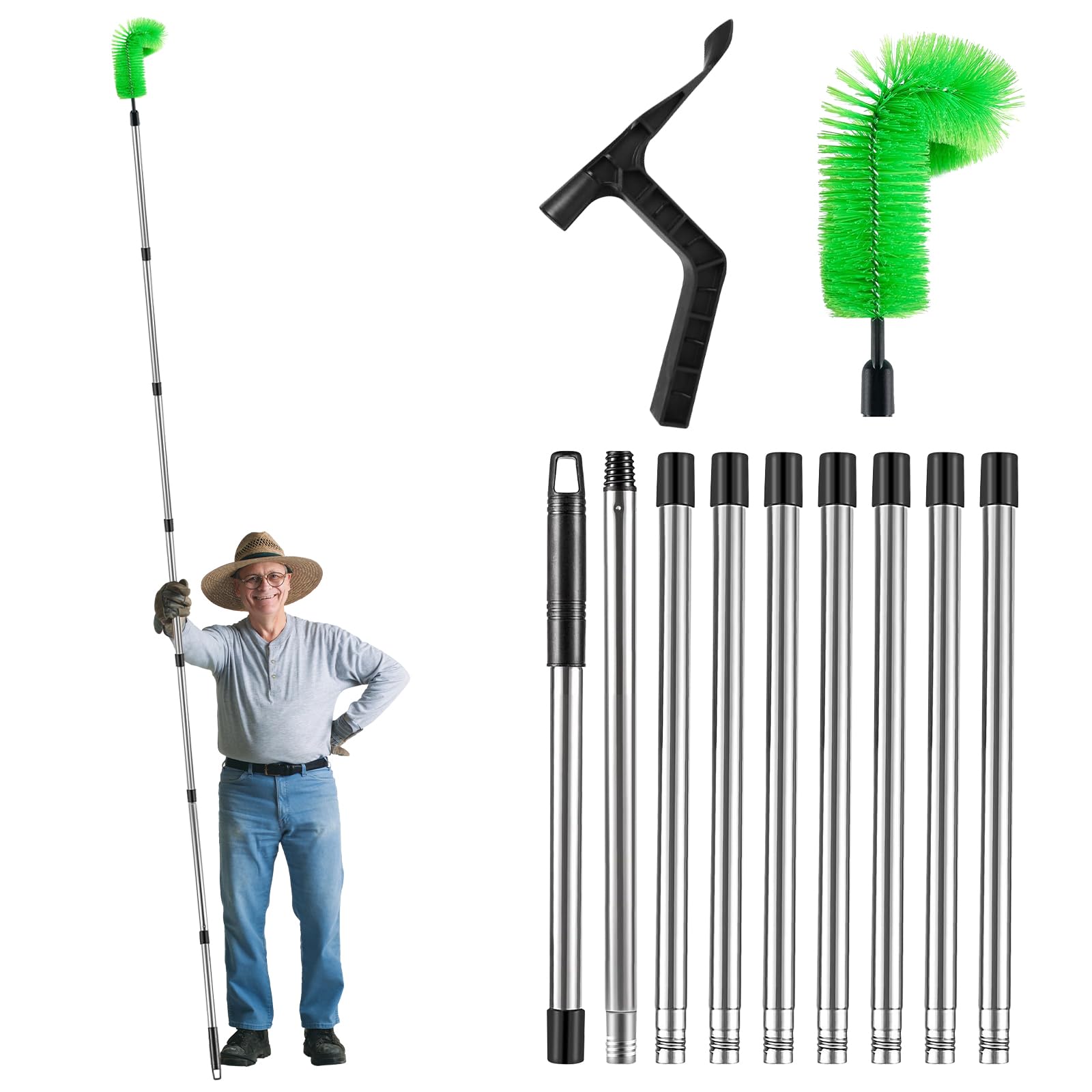ACESOME Gutter Cleaning Tools, 11.4FT Adjustable Telescopic Gutter Cleaner with 1 Brush Head & Spade, 9 Poles Hedgehog Gutter Brush for Removal of Leaves, Debris & Cobwebs (Green)