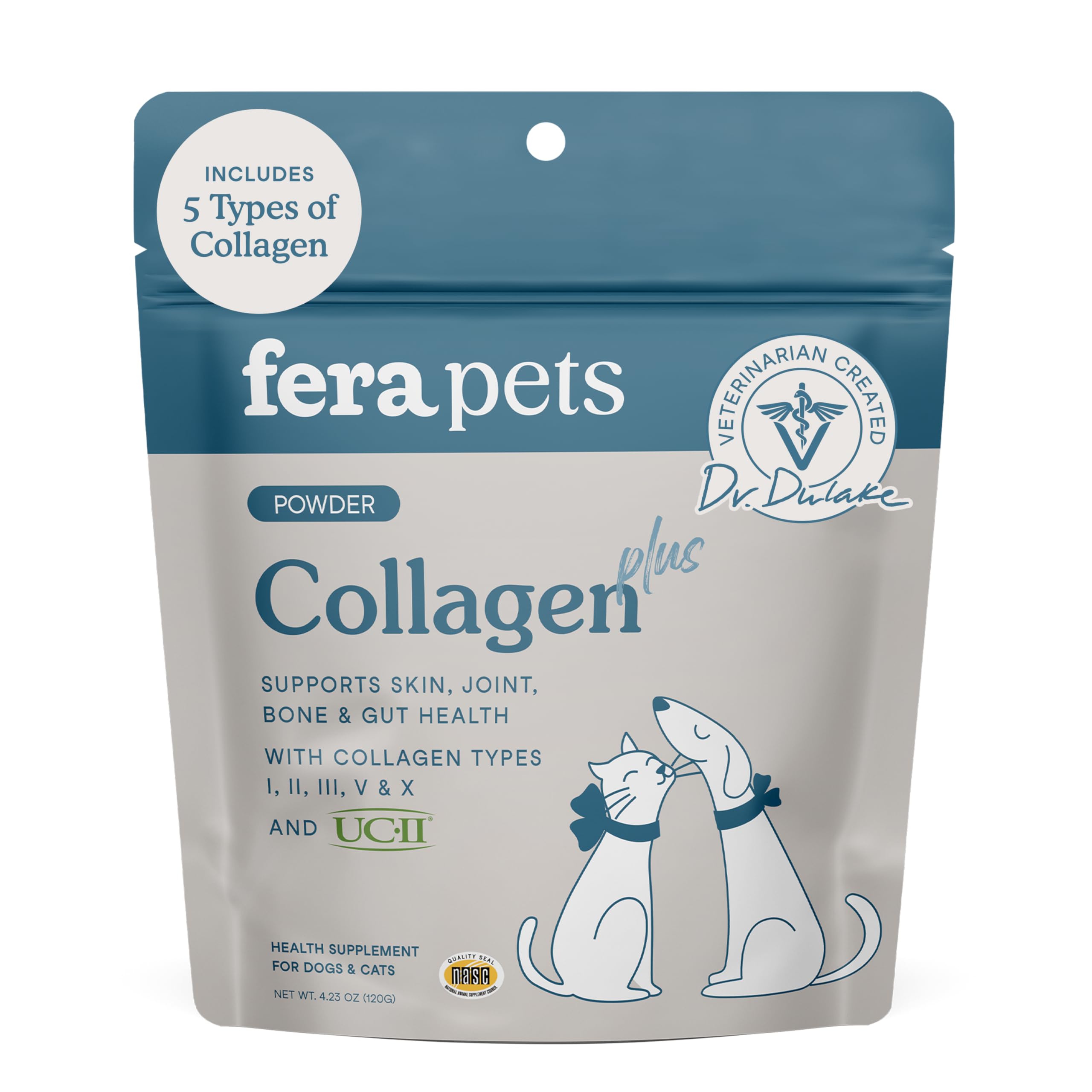 Fera Pets Cat & Dog Collagen Powder - Bone, Gut, Joint and Skin Supplement - 5 Types of Collagen + Clinically Studied UC-II® - 4.23 oz