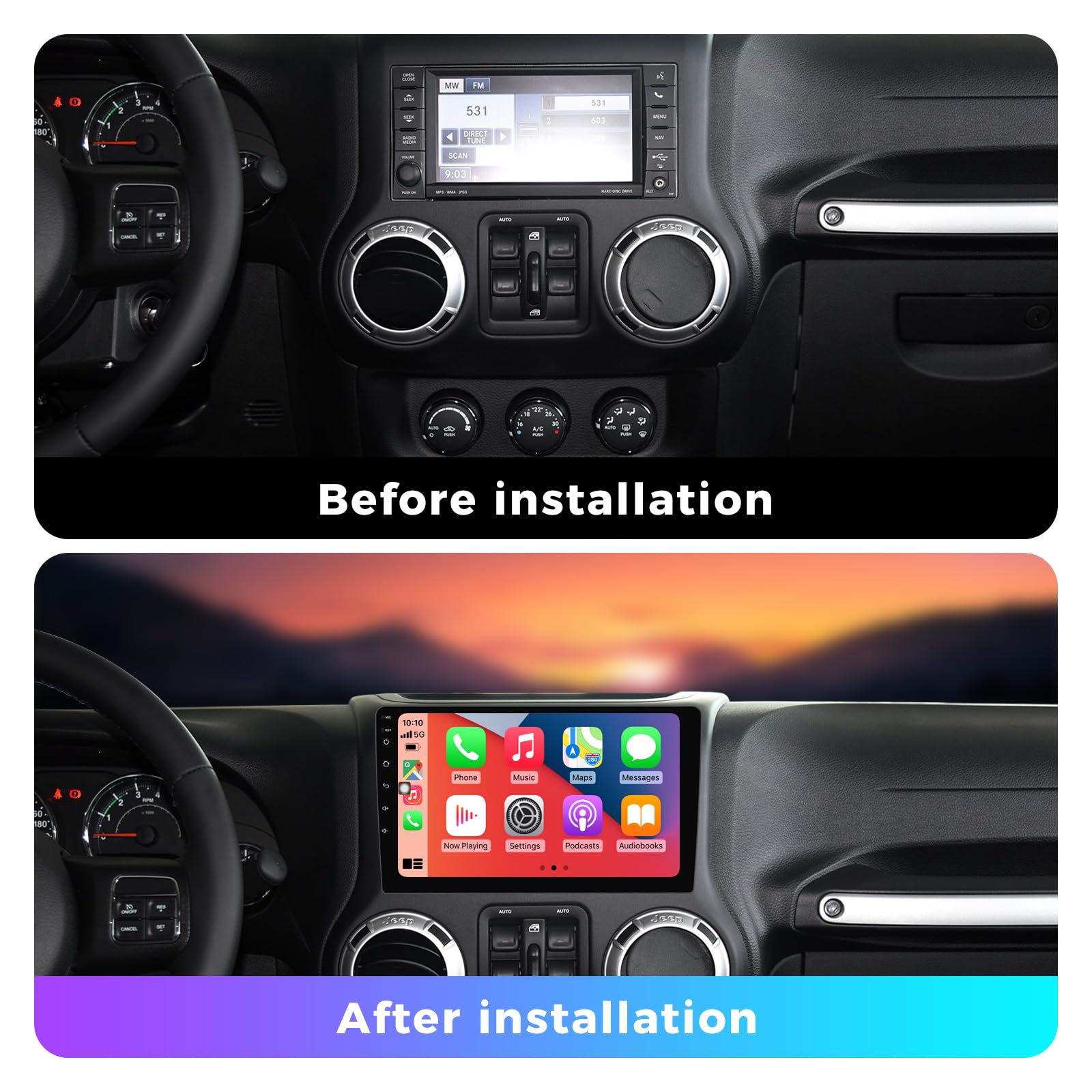 FELLOSTAR Car Stereo for 2007-2018 Jeep Wrangler JK Radio Upgrade with Carplay & Android Auto 8-Core 2+32G Head Unit 10 Inches Touch Screen BT5.1/GPS/SWC/AM/FM/DSP/5G