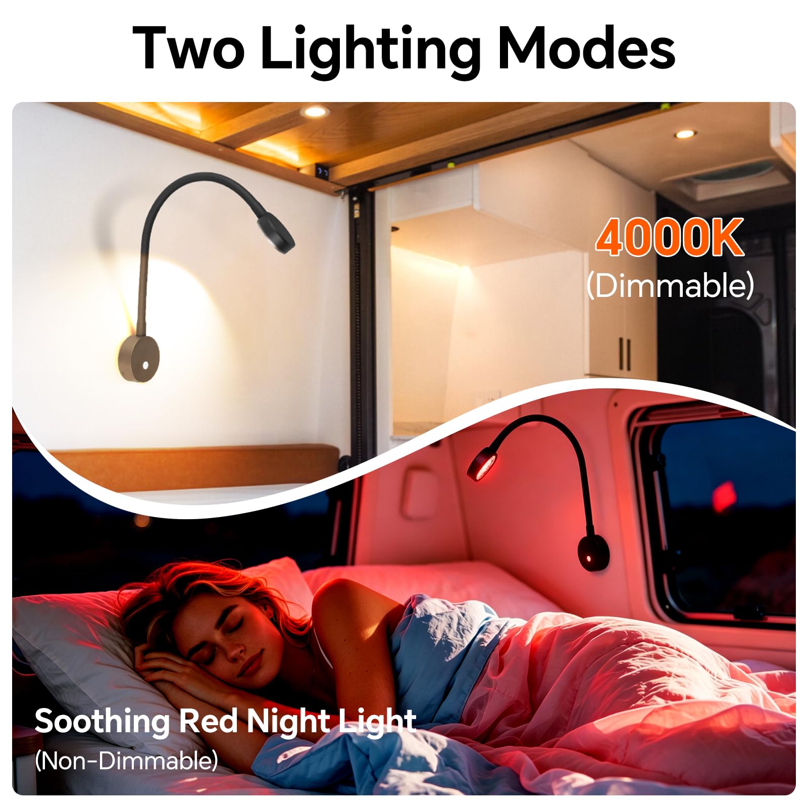 Lampade da Lettura LED 12V Camper Barca con Caricatore USB& Luce Notturna Rossa 254lm Spot da Parete da Comodino, Per Caravan Furgone Van, Dimmerabile 24VDC Flessibile a Collo di Cigno