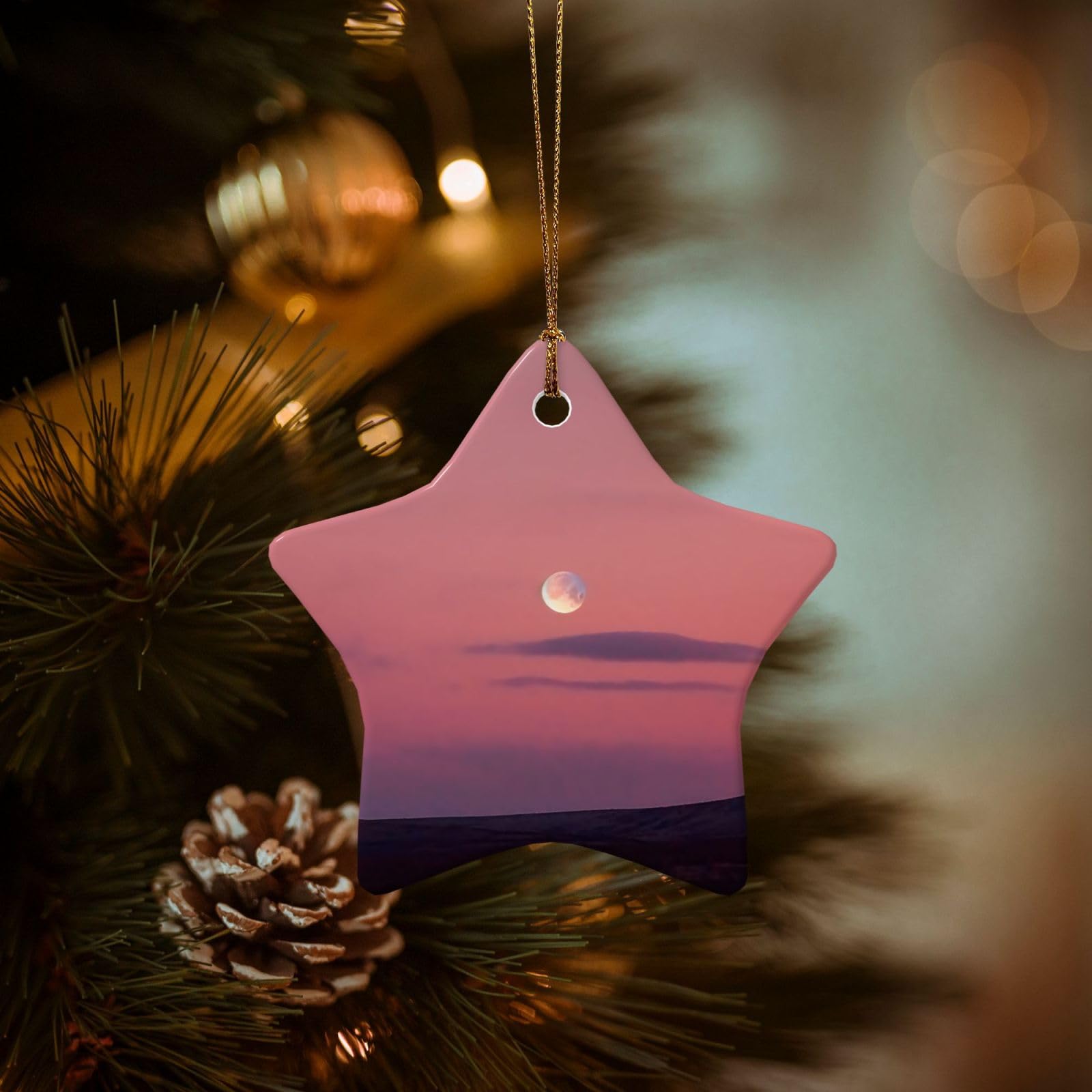 Christmas Tree Ornaments Ceramics Christmas Decorations Sky and Moon Ornaments with Gold Ribbon Porcelain Xmas Tree Crafts Star Shape Hanging Pendant for Christmas Tree Party Decor