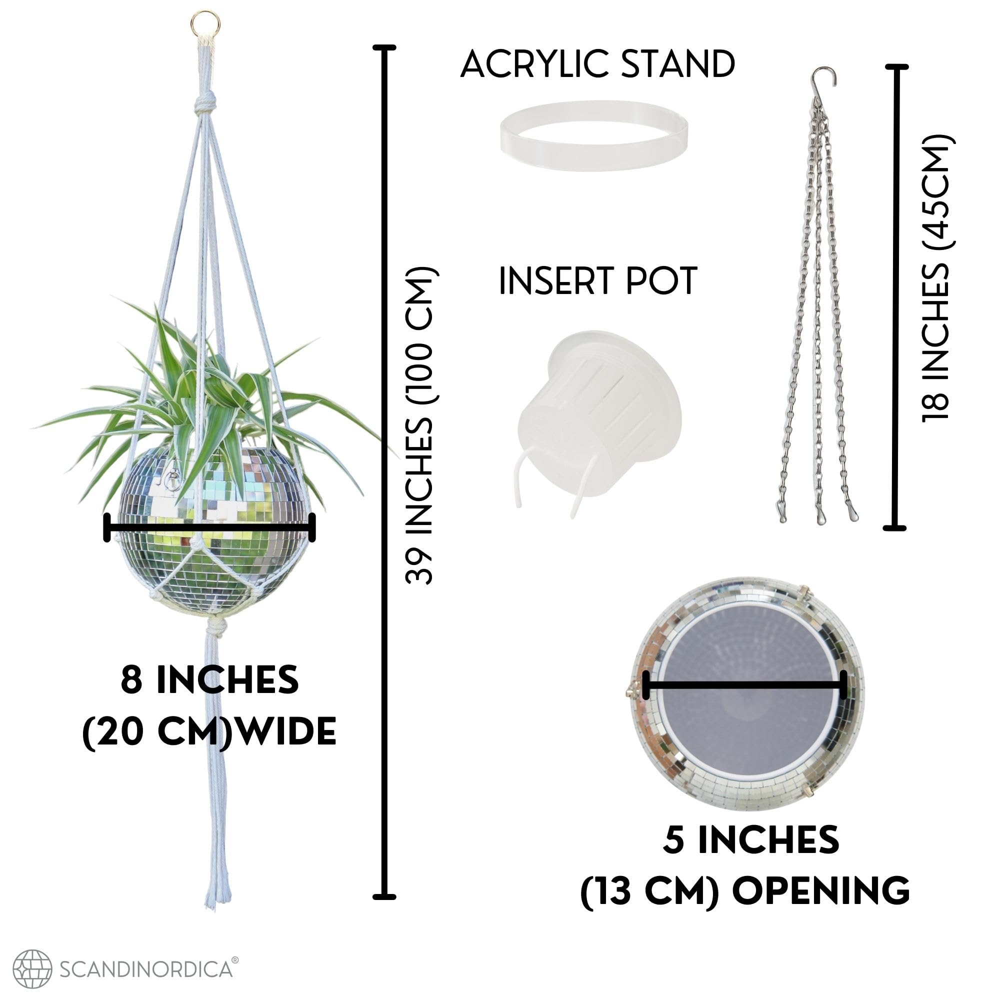 SCANDINORDICA macetero de Bola de Discoteca - macetero de Espejos de Discoteca con Cadena y Colgador de macramé, Planta | Decoración de Habitaciones - 20 cm