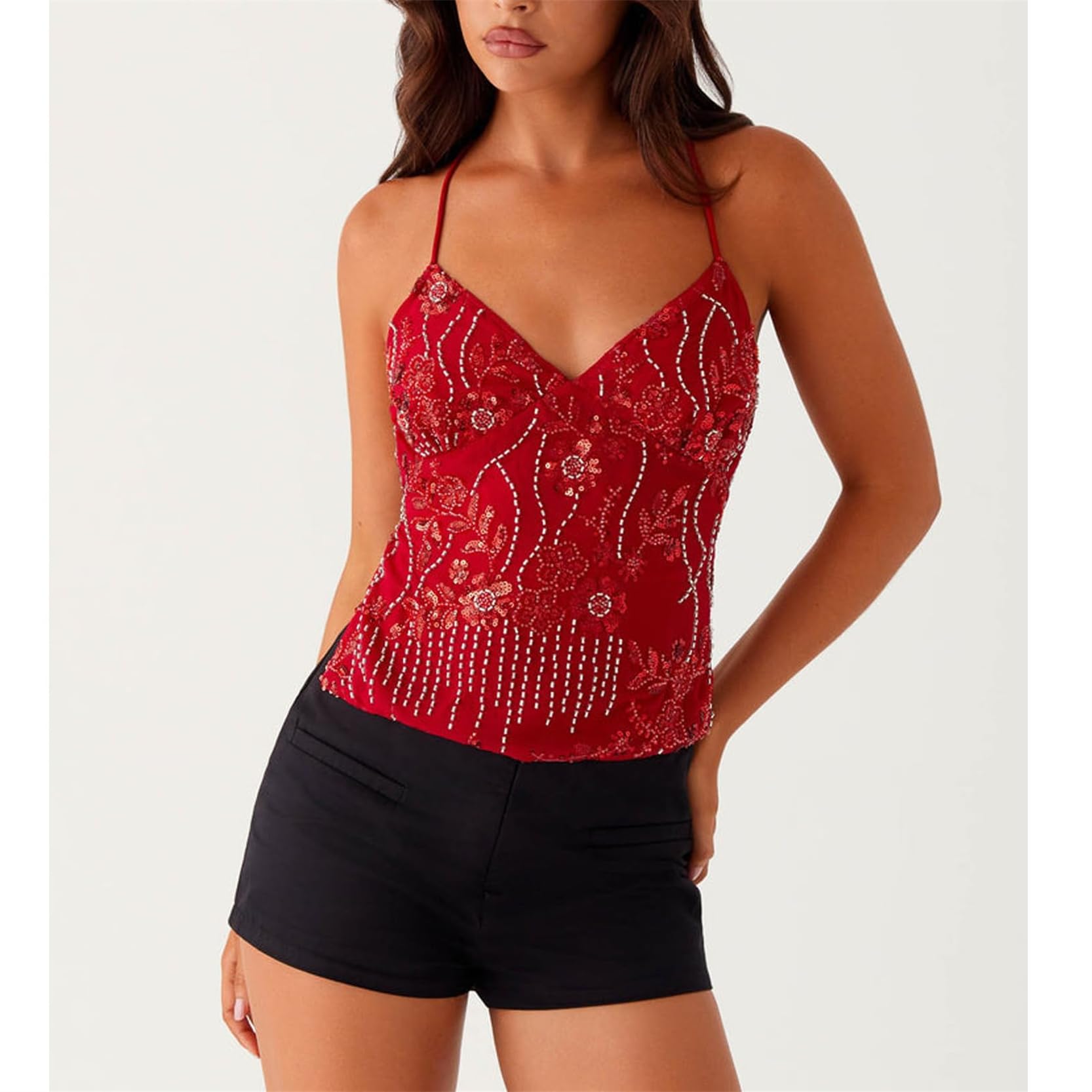 LYGBAOFUL Top Halter con Cuentas de Lentejuelas, Camisola de Fiesta sin Mangas Brillante Y2K con Cuello Vuelto de Corte bajo, Tops Adornados con Diamantes de imitación con Purpurina sin Espalda