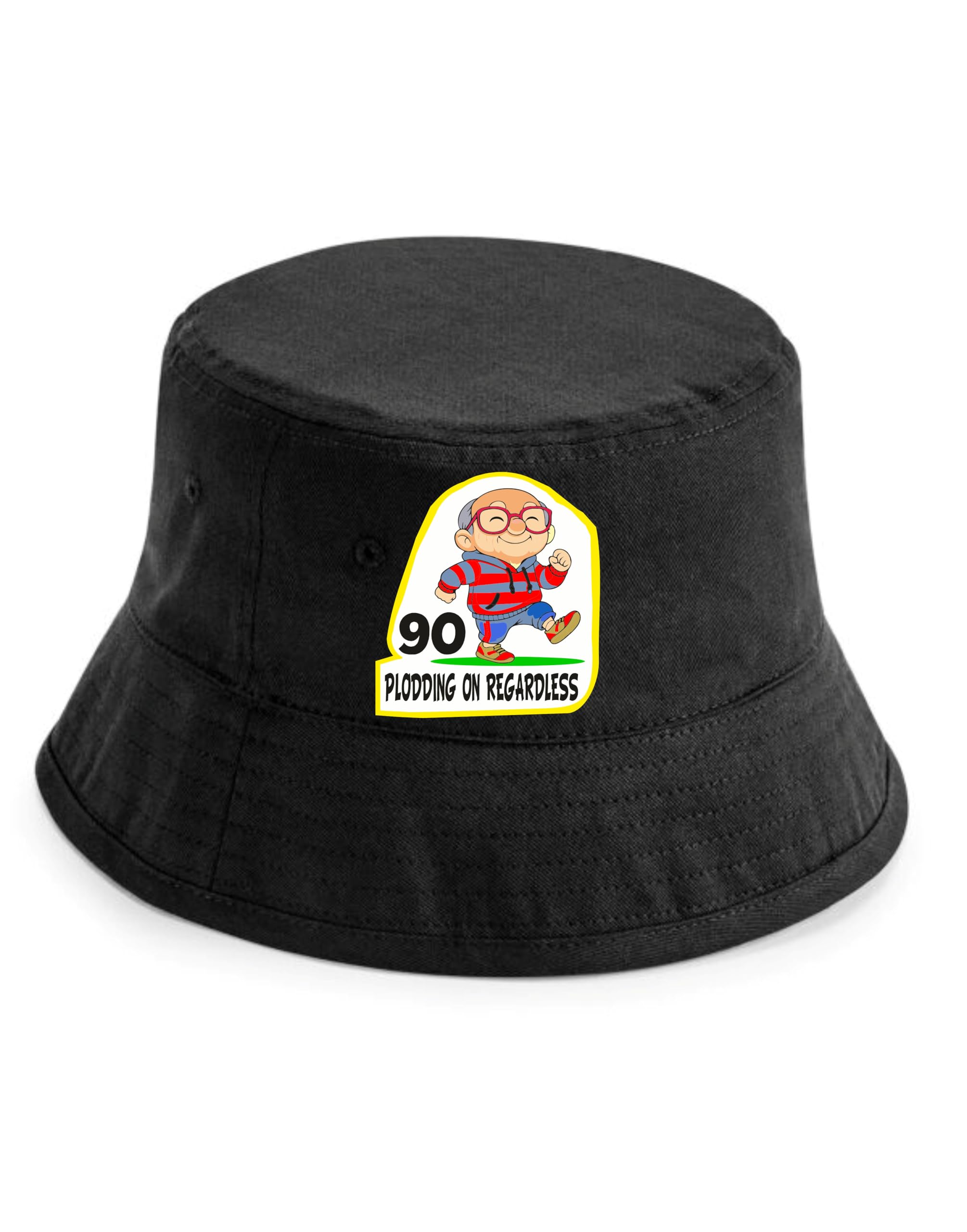 Print4u Unisex Black 90 Birthday Gift Men's Bucket Hat Plodding On Regardless Fun Dad Gift Lxl