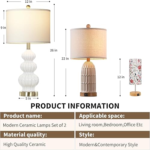 Miniatura 3 de Juego de 2 lámparas de mesa de cerámica de triple calabaza, modernas lámparas de noche blancas con interruptor giratorio, lámparas de mesita de