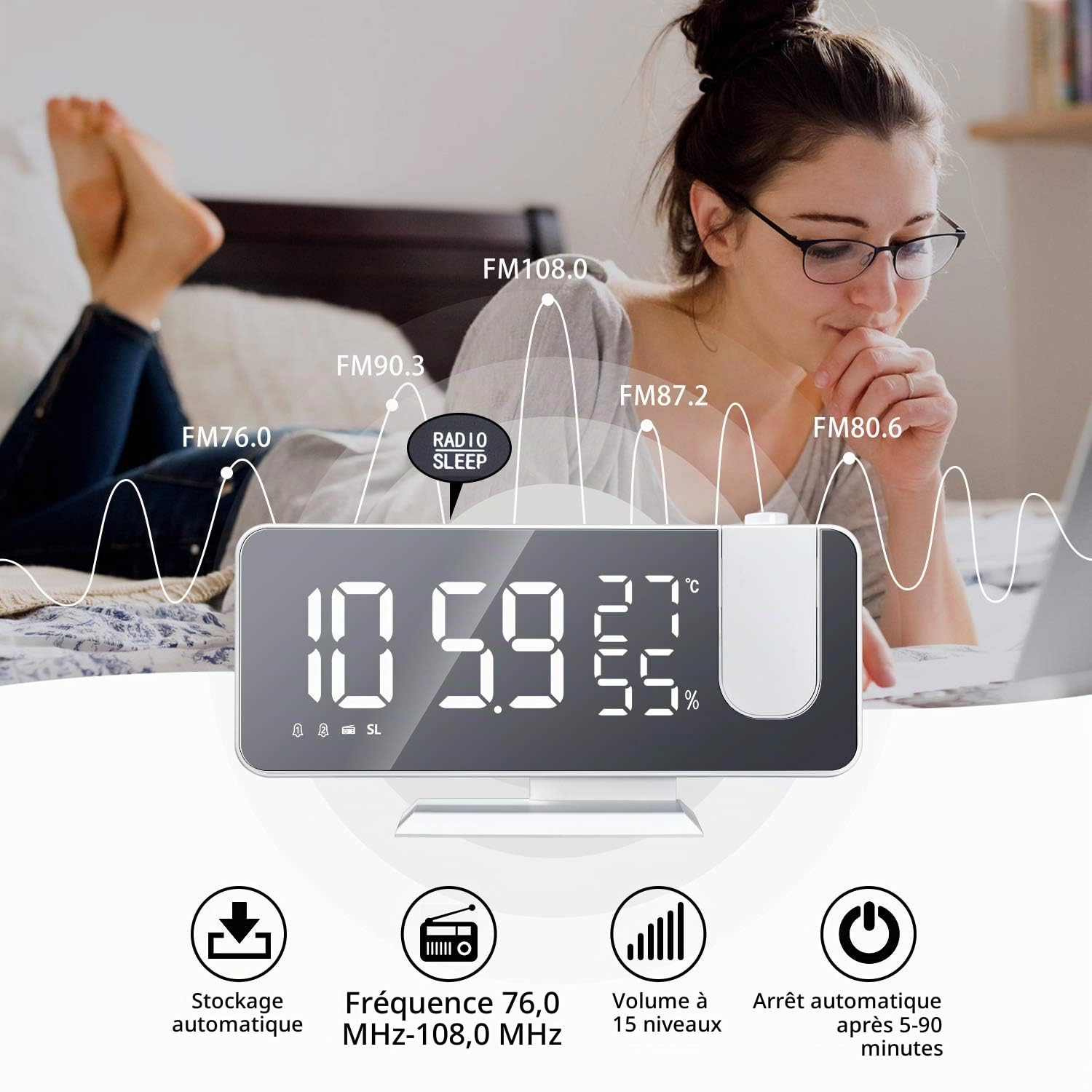 ThreeH Réveil de Projection avec Chargeur USB Réveil de Projecteur Rotatif à 180 ° avec Radio FM Écran Miroir 7,4 '' 2 Sons 4 Gradateurs Blanc