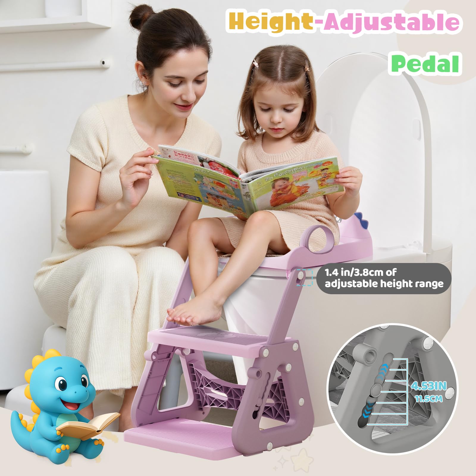 Riduttore Wc Bambini con Scaletta, 2 In 1 Scaletta Wc Per Water Bambini con Struttura a Triangolo, Paraspruzzi Estesi Regolabile e Pieghevole Sgabello Antiscivolo, Adattatore per Bambino e Cuscino