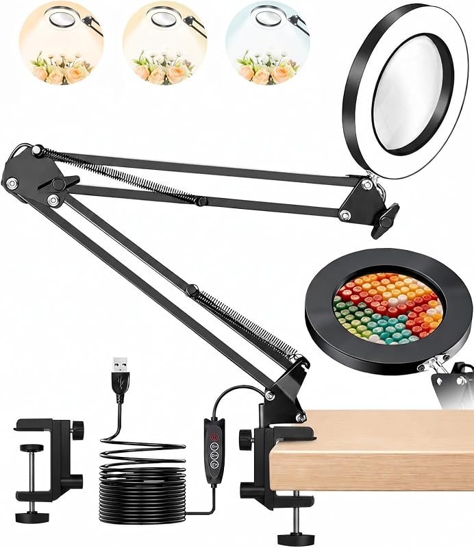 TANYO 10X Magnifying Glass with Light, 3 Color Mode, Hands Free | Real Glass Lens, Dimmable LED Light, C-Clamp, Flexible Desk Magnifier for Jewelry Sewing Crafts Embroidery Repair