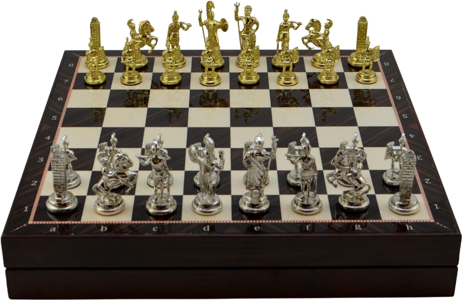 Metal Chess Set for Adults Greek Figures,Handmade Pieces and Different Design Wooden Chess Board with Storage (Walnut)