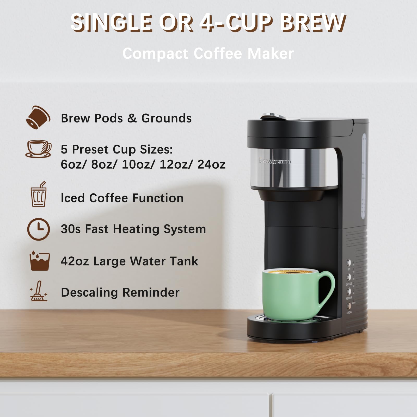 Single Serve Hot & Iced Coffee Maker, for K Cup Pod and Grounds, 6 to 24oz Brew Size, Slim Compact for Small Spaces, Descaling Reminder, with Reusable Filters, Black - 3