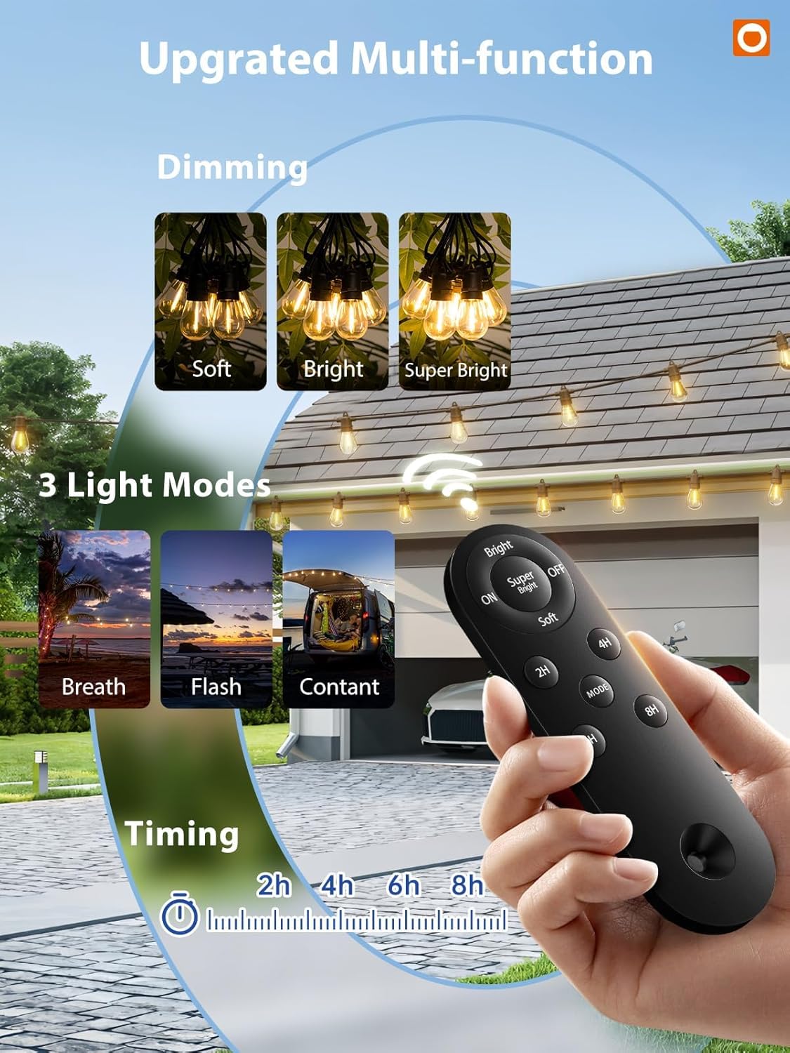 addlon 104FT(98FT+6) Solar String Lights Outdoor Waterproof with USB Port & Remote Control Solar Patio Lights for Outside Solar Powered with 34 LED Dimmable Bulbs for Porch Garden Deck Halloween - Image 4