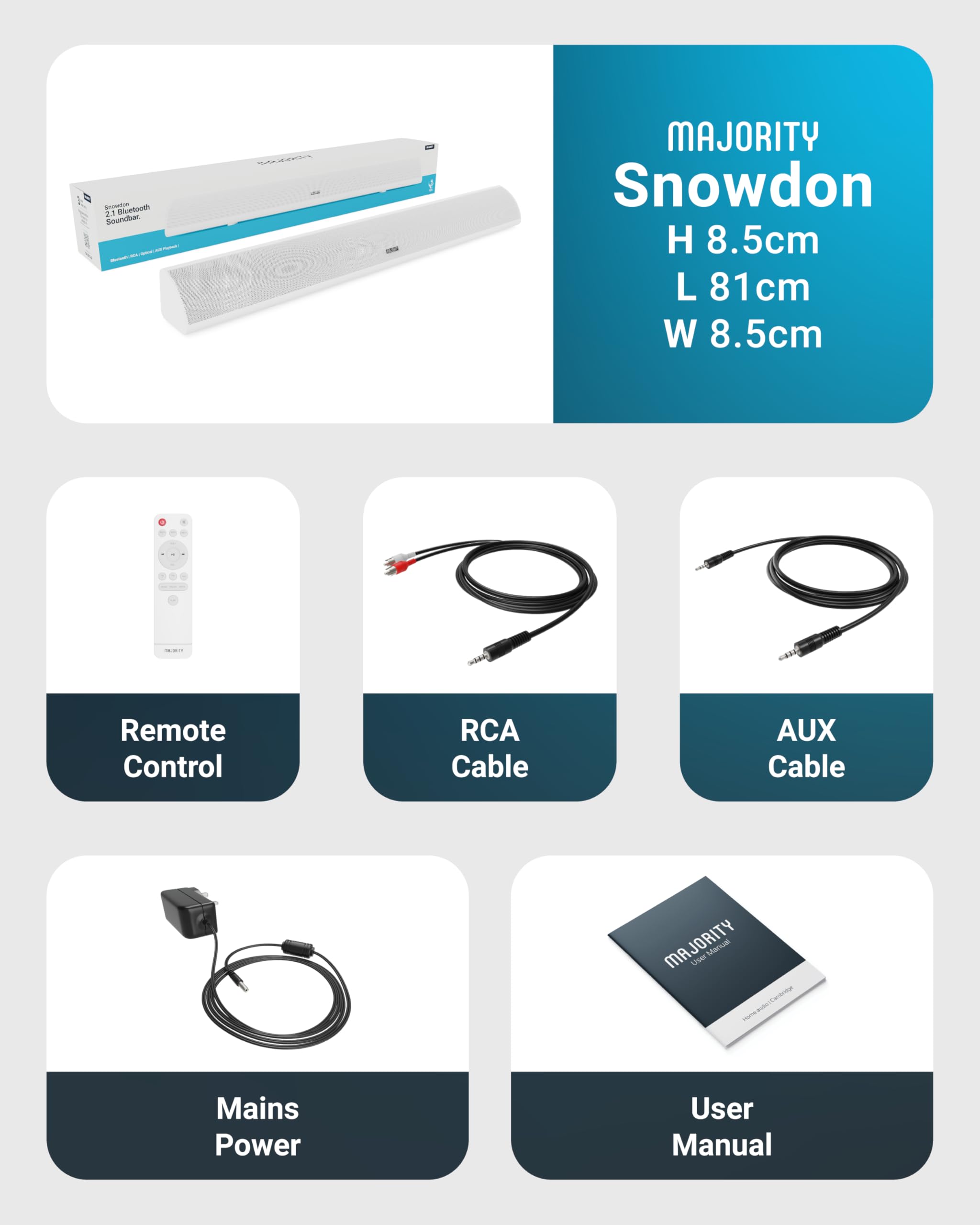 MAJORITY Snowdon Barre de son Bluetooth pour TV | Caisson de basses intégré | Son 2.1 canaux 120 W | Connexion RCA, optique et AUX | Montage mural | 81 cm | Télécommande incluse (blanc)