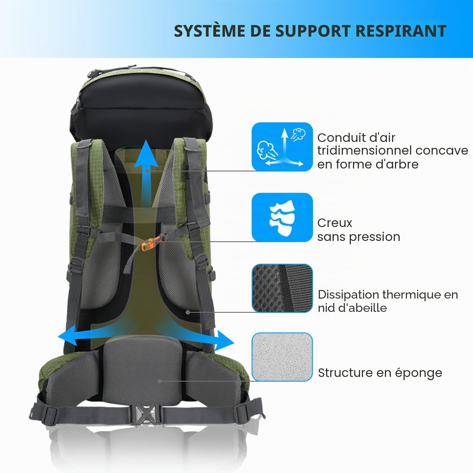 Bseash Sac à dos de randonnée imperméable 80 l avec housse de pluie, sac à dos léger pour sports de plein air, voyage, escalade, randonnée (vert militaire)
